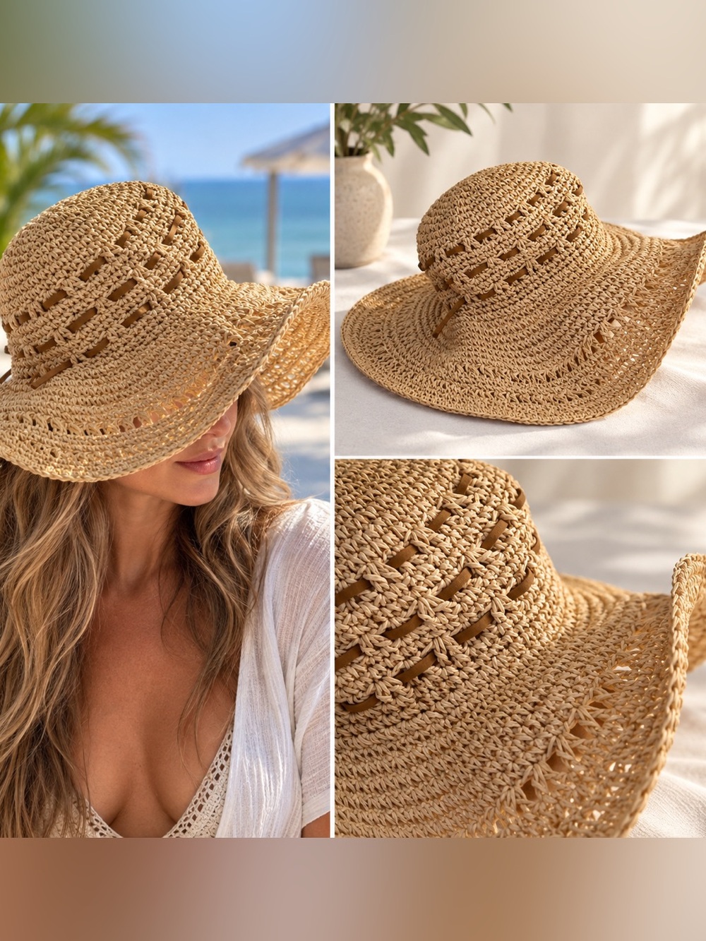 Panama Jack Straw Floppy Sun Hat Wide Brim Beach Hat